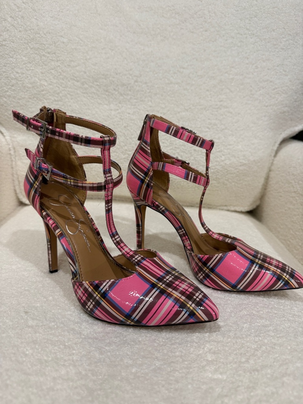 Jessica Simpson Women’s Pink Plaid T-Strap Pointed-Toe Heels